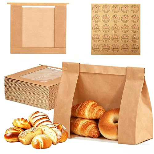 EffiQ-Rate 100Pcs Bulk Bread Paper Bags 26x11x26cm, Thickened Kraft Paper Bags for Food With Clear Window, Large Bread Bag with Tin Tie Closure and Stickers for Sourdough, Toast, Cookie, Treat