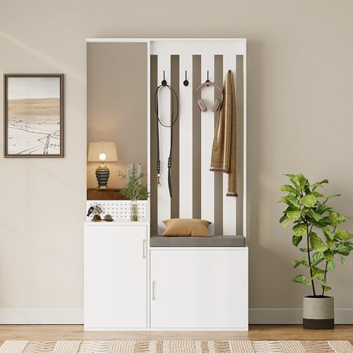 Garderobe set, Flurgarderobe mit Schuhschrank und Sitzbank, Kleiderhaken Garderobe Weiß, Hallway Furniture sets - Wardrobe, Mirror, Clothes Rack and Shoe Cabinet, 4 Haken, 100 × 40 × 180 cm (Form 03)