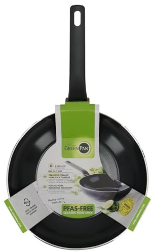 GreenPan Essence Wok 28 cm 3,69 L pour Cuisine Asiatique et Stir-Fry, Céramique Antiadhésive Thermolon™ Renforcée aux Diamants, Sans PFAS, Induction, Lave-vaisselle, Four jusqu'à 160°C, Noir