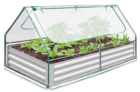 PortoAlegre Kit de jardinières surélevées avec housse en PVC, 2 en 1, avec plate-bande surélevée, en parterre de fleurs galvanisé, avec 2 fenêtres de visualisation, pour plantes de jardin, culture de