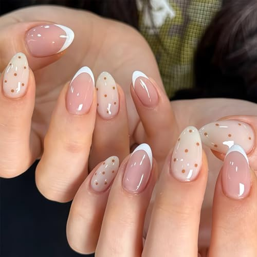 Auroriel 24 Pièces Acrylique Press-On Ongles Blancs Français avec Points Bruns Design Polka Dot Éclatant Full Cover Réutilisables Ongles Artificiels pour Femmes Manucure