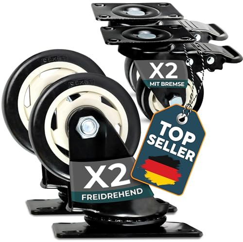 FROSAL Lenkrollen 75 mm mit Sicherheitsbremse – 4er Set - 2 gebremst + 2 freidrehend – 260 kg Tragkraft gesamt – Transportrollen & Möbelrollen – Gummi-Lauffläche & Stahlgehäuse