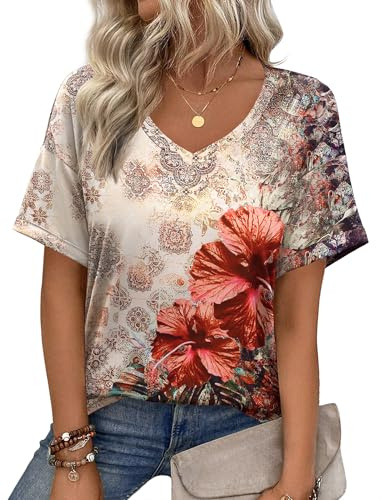 Zeagoo Maglietta Donna Maniche Corte T Shirt Casual Maglia Scollo a V | Tshirt Ampia Magliette Estive Blusa Tunica S-XXL