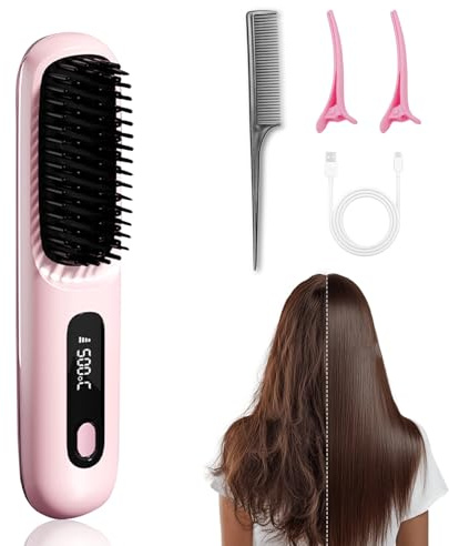 Kabellose Glättbürste, Mini Glätteisen Kabellose, Haarglätter Bürste, 31mm Keramik Heizelement, Tragbar Glättungsbürste, Wärmebürste Für Perfektes Haar & Bart Styling (Rosa)