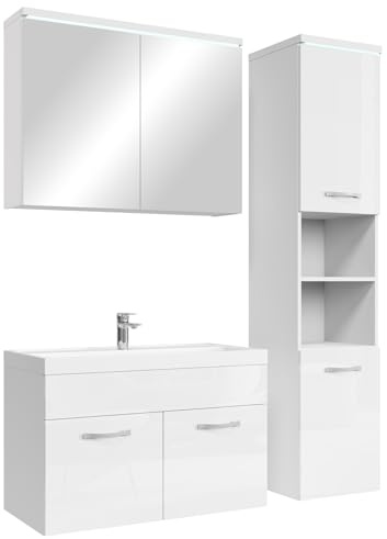 Badplaats B.V. Badezimmer Badmöbel Set Paso LED 80cm Waschbecken Hochglanz Weiß Fronten - Unterschrank Hochschrank Waschbecken Spiegelschrank