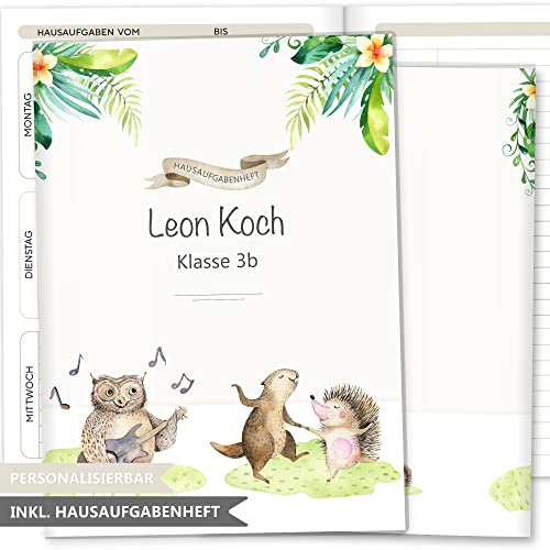 OLGS Hausaufgabenheft Hülle Tierfreunde inkl. Heft Schulheft Schutzhülle Umschlag Geschenkidee Einschulung personalisierbar mit Namen und die Schulklasse (personalisiert Musik)