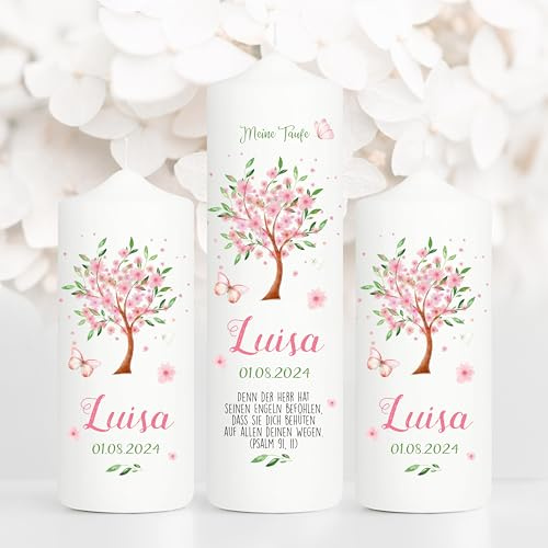 Wandtattoo Loft Taufkerze Mädchen oder Junge mit Taufspruch + 2 Patenkerzen, Motiv Baum mit Blüten, 25cm x 7cm, personalisierte Kerze, bedruckte Kerze Taufe, Stumpenkerze zur Taufe, Taufgeschenk