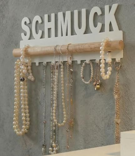 Schmuckhalter Wand Metall und Holz Design by GALEARA Schmuckleiste mit Schmuck oder Bijoux Schriftzug Schmuckaufbewahrung… (Schmuck Weiß)