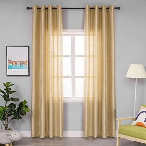 GIRASOLE HOME Coppia Tende Filtranti in Tessuto Simil Seta Tinta Unita Tenda Faux Silk per Soggiorno Camera e Interni 2 Pannelli con Occhielli (140x285cm, Oro)