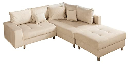 Wohnlandschaft KENT - 220cm - champagner beige - Samt - inklusive Hocker | 8 Kissen inklusive, Ottomane links oder rechts montierbar, Buchenholzgestell, Rundum-Bezug, pflegeleicht