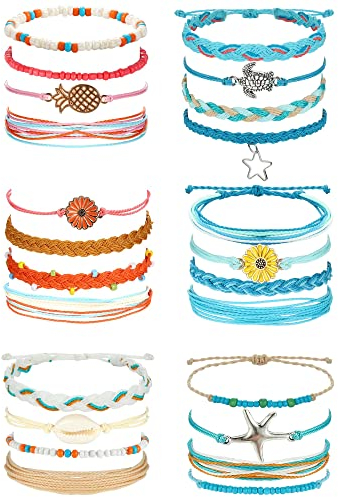 Dochais 24 Stück Boho Armbänder Geflochten, Sommer Surfer Fußkettchen, Beach Perlen, Strand Set, Einstellbare Wasserdichte Freundschaftsarmband für Damen Frauen
