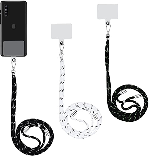 cobee Lot de 3 cordons de téléphone portable avec coussinets de téléphone, sangles de téléphone en nylon de couleurs mélangées avec 3 patchs transparents réglables compatibles (noir + blanc)