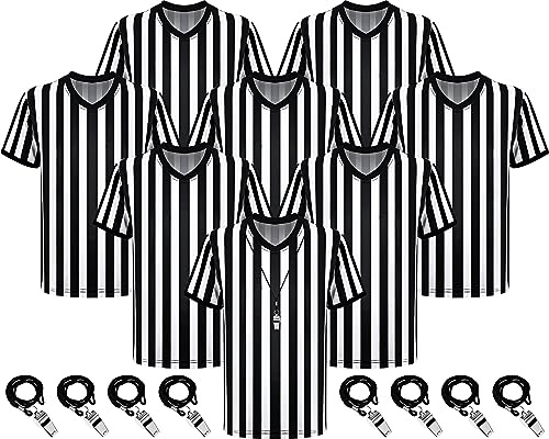 Ramede 8 Sets Referee Shirt with Whistle Official Football Referee Shirt Umpire Jersey Halloween Group Costume for Men Woman(L)