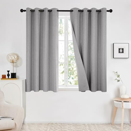 Deconovo Double-sided Faux Linen Grey 100% Blackout Curtains Eyelet Thermal Curtains for Kids Playhouse, Grey, 46x54 Inch(Width x Length), 2 Panels