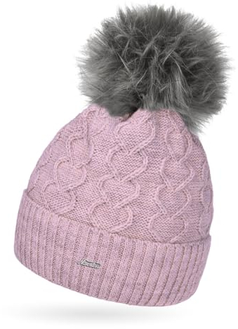 Neverless® Damen Strick-Mütze Fell-Bommel Kunstfell Bommelmütze Fleece-Futter Herz-Strickmuster Umschlag Rosa Unisize