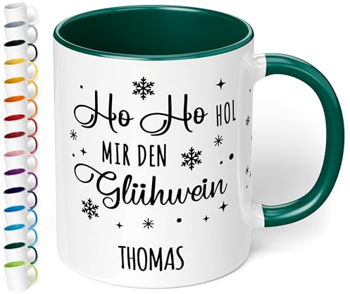 True Statements Lustige Weihnachtstasse mit Namen „Ho Ho hol mir den Glühwein“ - 330ml - personalisierter Keramik Kaffeebecher mit Spruch – Geschenk zu Weihnachten (Dunkelgrün)
