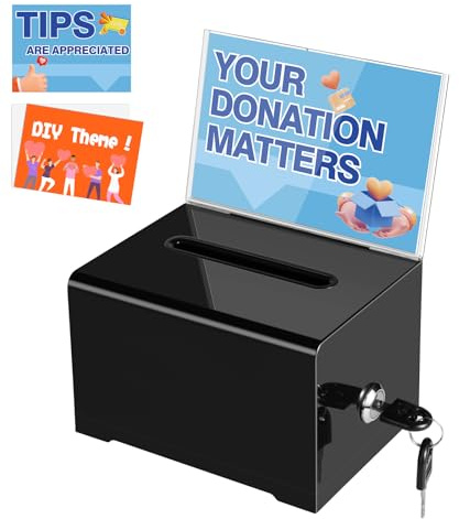 Polmart black Donation Box with Lock - Secure Ballot Box with Removable Sign Holder & 2 Keys - for Money, Cards, Votes, Tickets, Feedback Collection (4.75D x 6.29W x 8H)