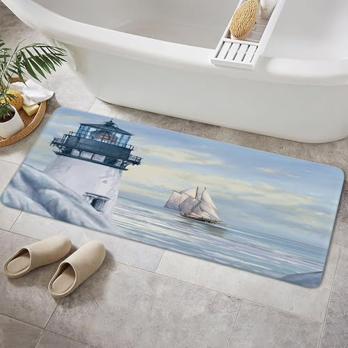 Nautical Lighthouse Bath Rugs, Blue Ocean Theme Sunrise and Sailboat Shower Rugs, Flannel Non Slip Ocean Coastal Bath Carpet Bathroom Room Decor 16X48IN