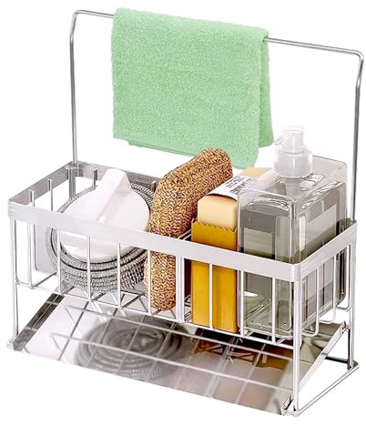 jiuzcare Sink Caddy Kitchen Sink Organiser Stainless Steel Sponge Holder with Dishcloth Hanger and Removable Drain Tray Multifunctional Kitchen Sink Tidy no Drilling