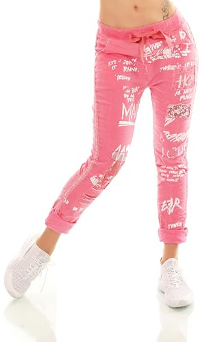 STIDIA Damen Hose Jogpants Baggy Boyfriend Freizeithose Schriftzug Seitenstreifen Häkel-Einsatz 36-40