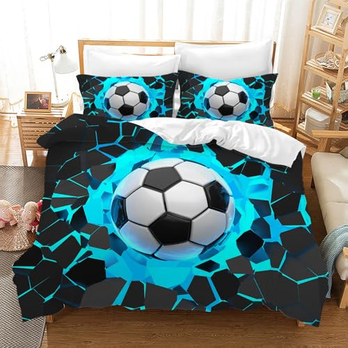 Leleyouzer ZQ5 - Parure da letto con motivo calcio 3D, 200 x 200 cm, in microfibra, con 2 federe da 50 x 75 cm