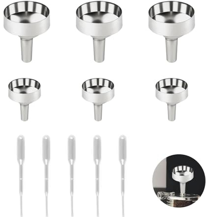 6-teiliges Metalltrichter-Set - Silberne Klein-Edelstahl-Trichter mit 5 Plastikpipetten (2ml), Mini-Trichter für Mini-Flaschen, Wein, Kosmetik, ätherische Öle und Parfüm (1,8cm + 2,5cm)