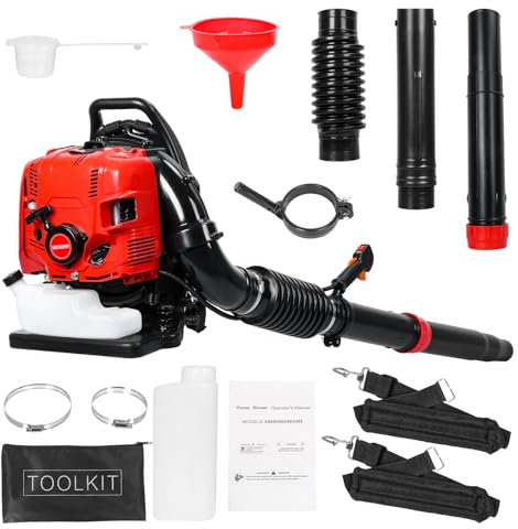 tinysiry Soffiatore per foglie a benzina, 75,6 CC, a 4 tempi, a zaino, da giardino, 900 CFM 210 MPH, con controllo della velocità variabile, potente ventilatore a gas a zaino per la cura del prato e