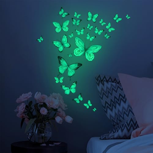 ALEGRE® 25 Stück Wandtattoo Schmetterlinge Leuchtend, Wandtattoo Leuchtend Schmetterling Wandaufkleber, Schmetterlinge Deko Wandsticker, Schmetterling Leuchtsticker für Kinderzimmer Schlafzimmer