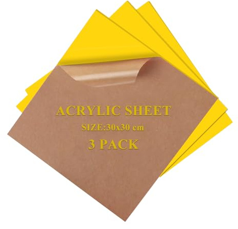 Uadme Acrylglas Platte Gelb 3mm, 3 Stück Kunststoffplatte Farbig, 30cm x 30cm Bruchfestes Acrylplatte für Lasergravierte Schilder, Modellbau, Displays, Fotorahmen, Bastel- & DIY-Projekte