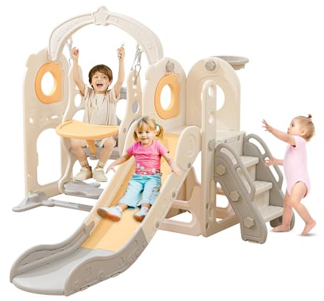 Freestanding Toddler Slide with Swing Set, 6 in 1 Kids Indoor Climber for Toddlers 1-3，L Shaped Slide with Basketball Hoop，Baby Slide for Indoor Outdoor for Boys and Girls Birthday