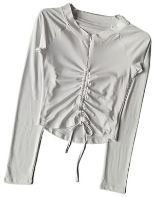 AOEGBY Fitness Langarm Tops Half Zip Sport Top Frauen Eng Anliegende Abnehmen Kordelzug Yoga Anzug Langarm T-Shirt Laufen Fitness Anzug Herbst Winter(White,S)