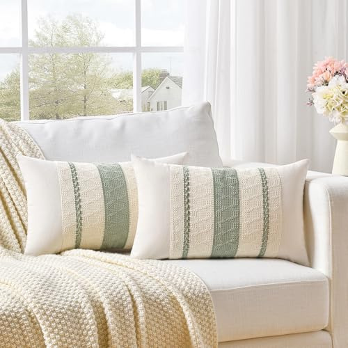 FDTERN 2er Set Boho Kissenbezug 30x50 Salbeigrün,Dekorative Leinen Kissenbezüge Kissenhülle Dekokissenbezug Sofakissen Dekokissen Deko für Sofa Schlafzimmer Wohnzimmer