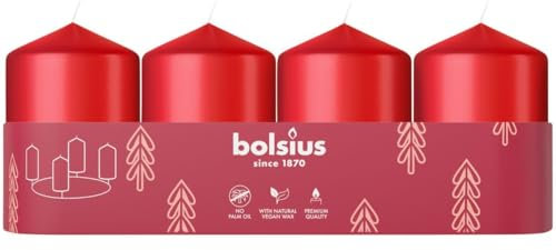 Bolsius - Set di 4 candele a colonna lisce rosse - 60 x 40 mm - Candele decorative - A lunga durata - Non profumate - Con cera vegetale naturale - Senza olio di palma