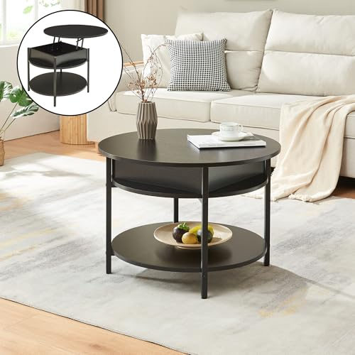 [en.casa] Mesa de Centro Kandas Mesa Baja Redonda con Tablero Elevable con Compartimento Interno y Estante Mueble Auxiliar Mesita para Salón 70 x 49 cm - Negro
