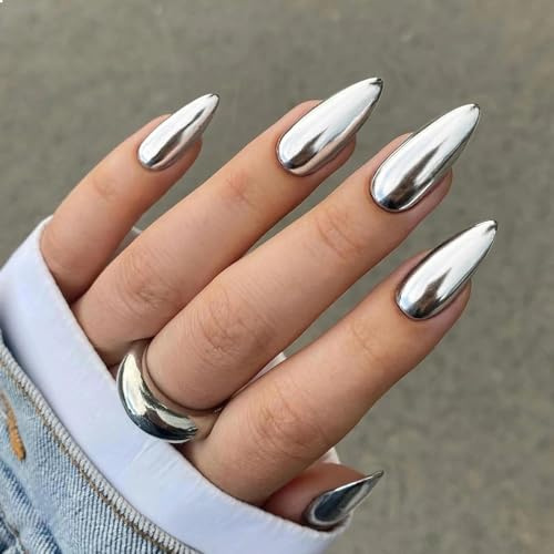 24PCS Acrylic Silver Chrome Press-On Nails, Medium Almond Metallic Mirror Fake Nails with Jelly Adhesive Tabs, Glossy Full Cover Stick-On Set for Women, Salon-Effect DIY Manicure Kit for Stylish Looks