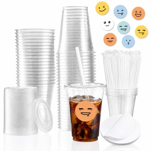 Siocok 50pcs 16oz Reusable Clear Cups with Lids Smoothie Cups | Perfect for Iced Coffee, Tea, Smoothie, Milkshakes etc, Fits Most car Holders
