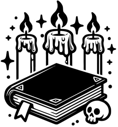 libro delle streghe chiuso e candele accese in un semplice disegno minimalista a inchiostro su Adesivi con scritte 42x45.7cm Decorazione artistica Nero