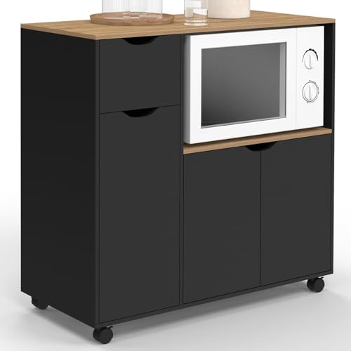 IDMarket - Mikrowellen-Küchenwagen COSI XXL Schränke mit schwarzer Holzschublade und Buchenholzplatten B.90 cm