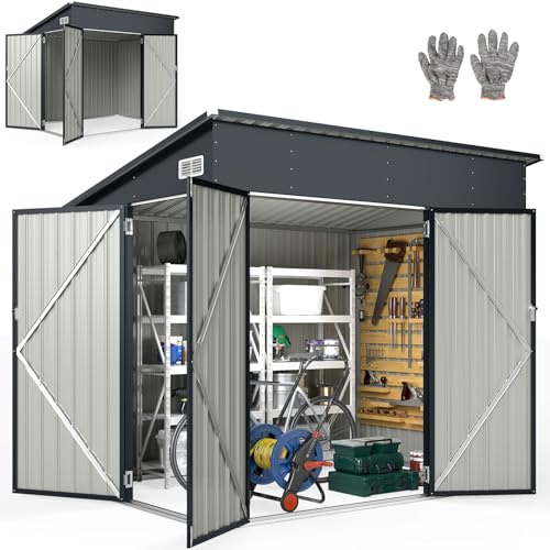RELAX4LIFE Abri de Jardin Métal 235X174X197CM avec 2 Portes Verrouillable-Loquets Clés Inclus et Fenêtres, Cabane à Outils Cabanon Résistant aux intempéries pour Poubelles Extérieur(Gris, 7.7M³)