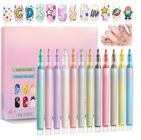 12 lápices de uñas acrílicos, lápices de uñas para uñas, juego de arte de uñas, lápices de uñas para uñas de secado rápido, 13,3 cm de largo con 12 colores, uñas de gel, bolígrafo de graffiti de 0,7