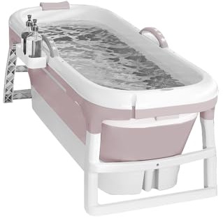 Baignoire pliable pour adultes, bain polaire en plein air, 118 * 60 * 53cm, portable, pliable, avec couvercle et rouleaux de massage, panier à savon, pour salle de bain et douche (Rose)