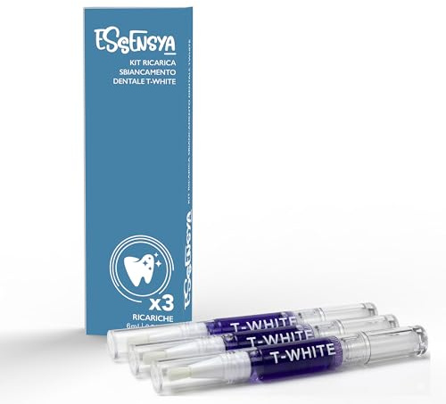 Essensya T-White - Ricarica Sbiancante Denti Professionale - 3 Gel Sbiancanti con Pennello Applicatore - Denti Bianchi in 16 Minuti - Sicuro per lo Smalto
