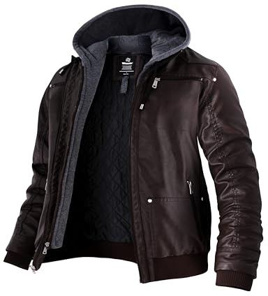 Wantdo Faux Läderjacka med avtagbar huva Vindtät Varm Höst Anorak Casual Multi-Pocket Kappa Vintage Herr Motorcykelrock, Caffè Spesso, S