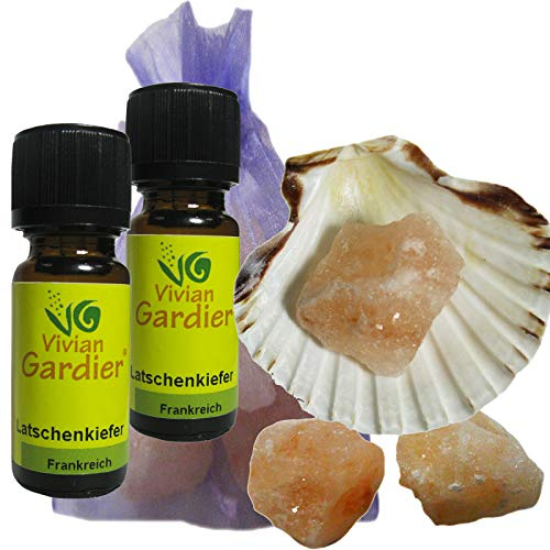 Latschenkiefer ätherisches Öl naturrein 2 x 10ml aus kontrolliertem Anbau. 7 teiliges Aromatherapie Duft Set mit Muschel + 3 Salz Kristalle zum Beduften + Säckchen. 50009