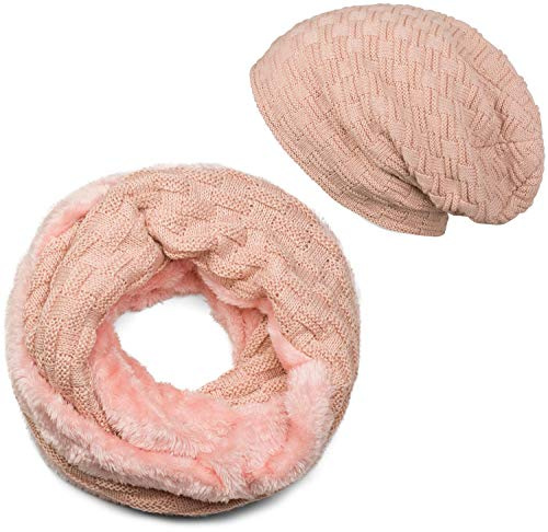 styleBREAKER Stickad loop halsduk och beanie mössa set med flätmönster, fleece foder, vinter, unisex 01018211, gammalrosa, En Storlek
