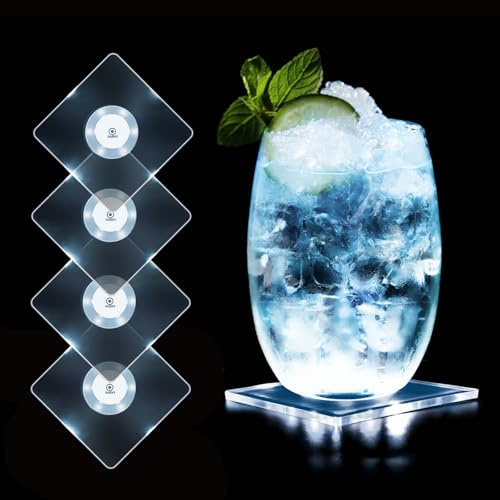 MEDOYOH 4er-Set Quadratisch Kühle Weiß LED Untersetzer für Getränke, ON/Off Wasserdicht Acryl Getränke Untersetzer Leuchtende für Gläser Flaschen Partys Hochzeiten Bar Weihnachten