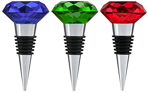 WANDIC Weinflaschenverschluss, Set mit 3 Diamant-Form, rot, blau, klarer Kristall, Metall, Weinflaschenverschluss, dekorativer Glas-Weinflaschenverschluss für Bar, Party, 3 Farben