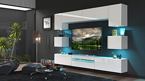Furnitech Wohnwand Wohnzimmer - Hängend Wohnwand Modern - Wohnzimmer Schrankwand mit Regale und TV Schrank - Wohnzimmer Möbel ohne LED (Besta GAN1-17W-HG21 1B)