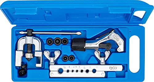 BGS 70221 | Doppel-Bördelgerät mit Rohrabschneider | 10-tlg. | einfache Bördel Typ D | doppelte Bördel Typ E (SAE) und Typ F | Rohre bis 1 mm Wandstärke