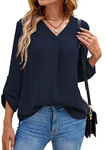 Yommay - Blusa de verano de manga corta con cuello de pico para mujer, Sx F, azul marino, talla XL, azul marino, XL